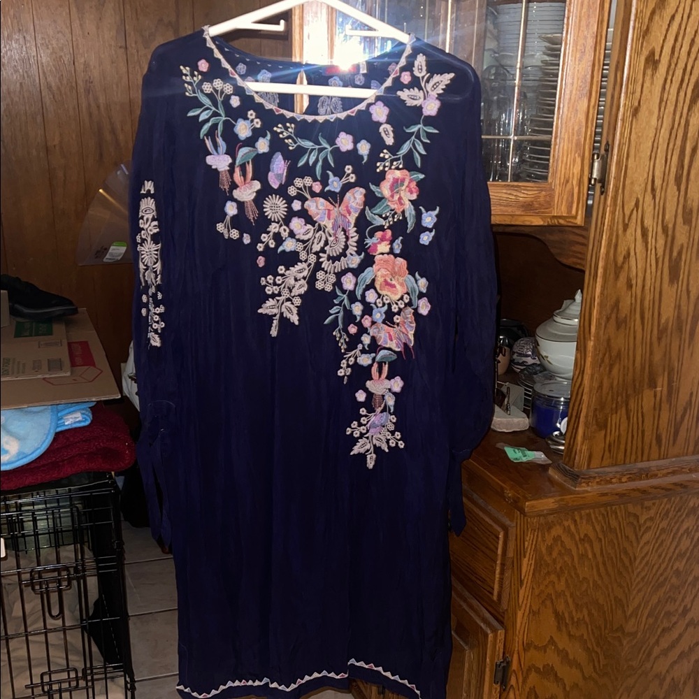 Johnny Was Navy Dress with Multicolor Floral Embroidery